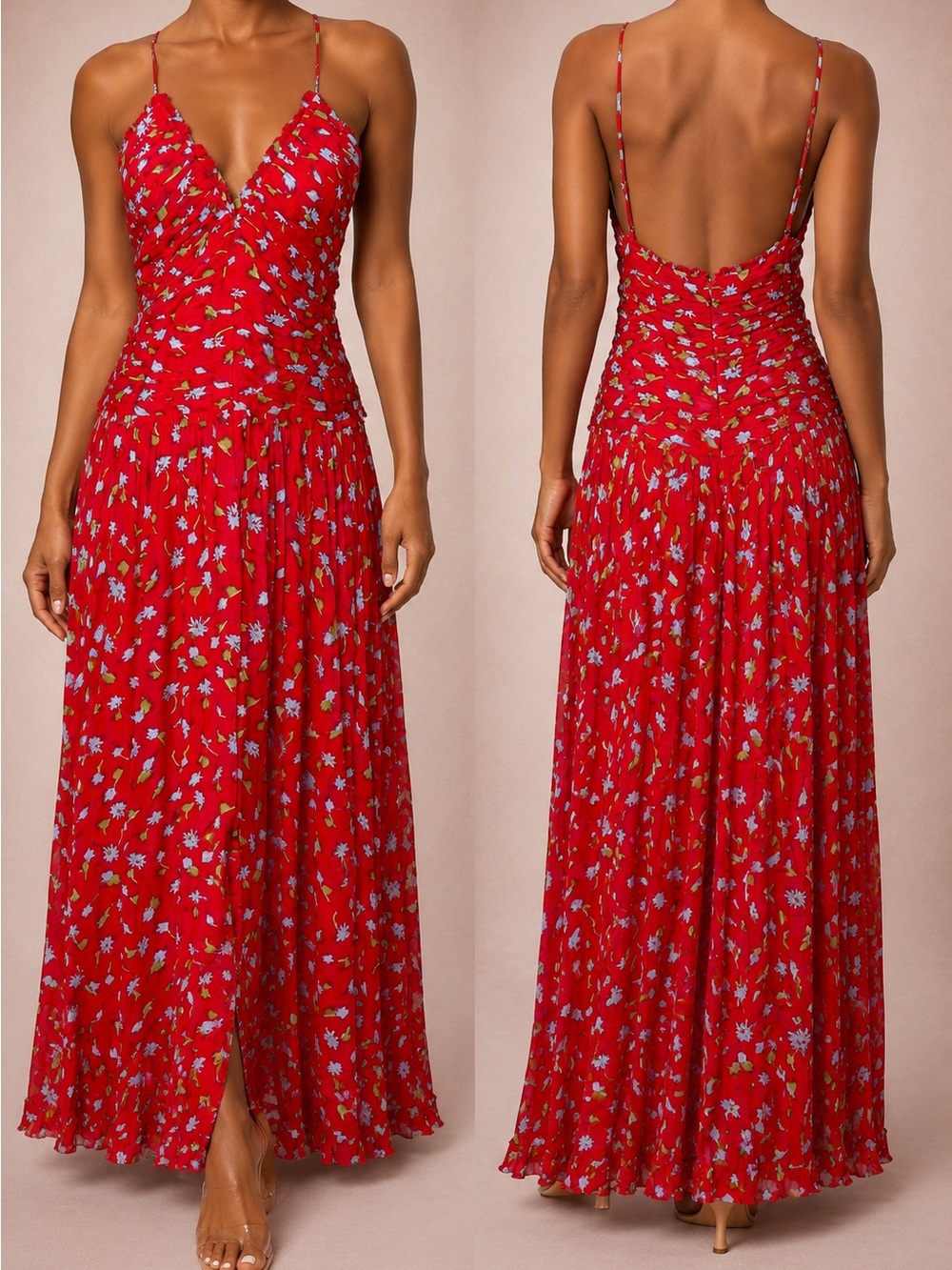 J. Crew Red Floral V-Neck Spaghetti Strap Maxi Dress